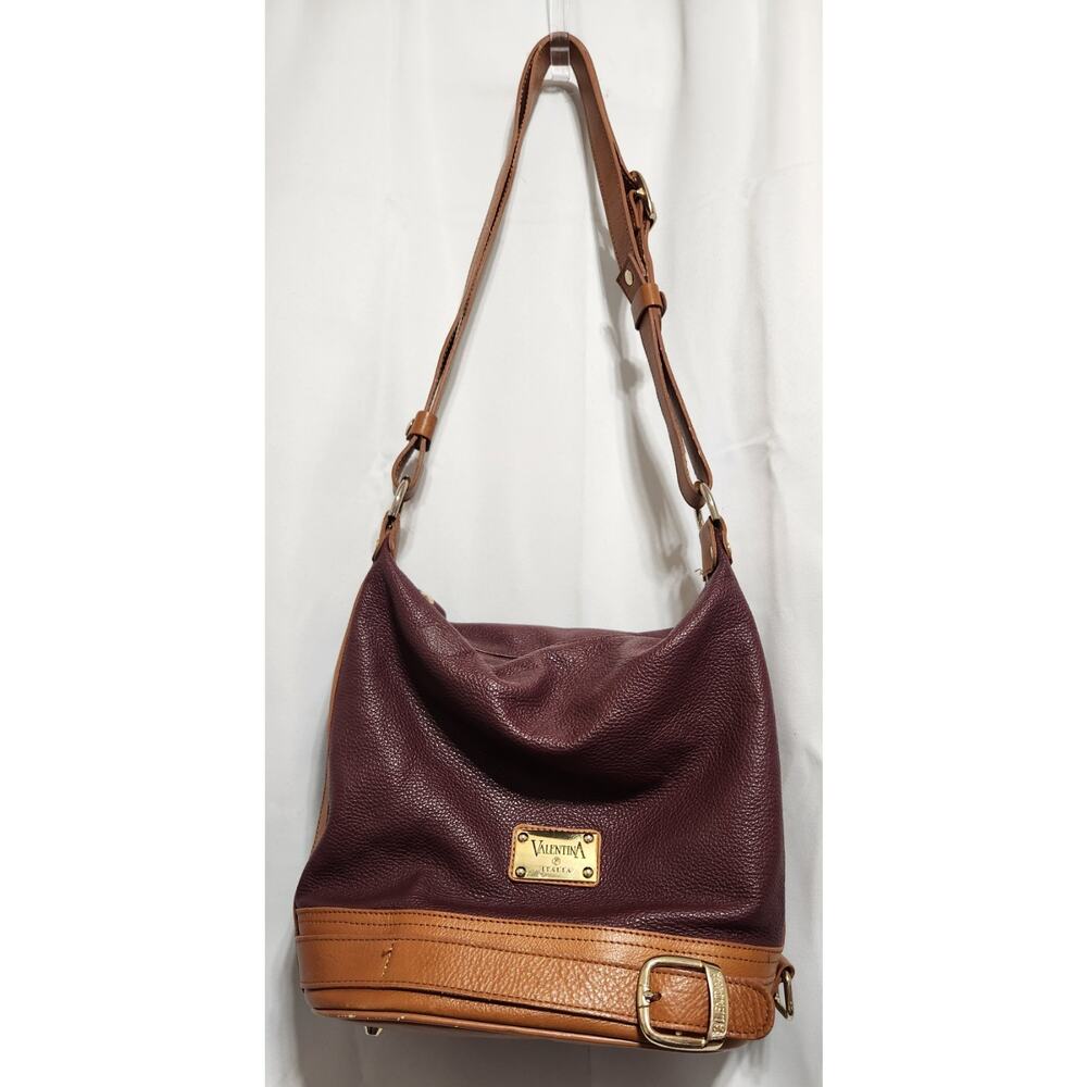 Valentina Italia Leather Crossbody /Bucket Purse Burgundy/Saddle Tan EUC